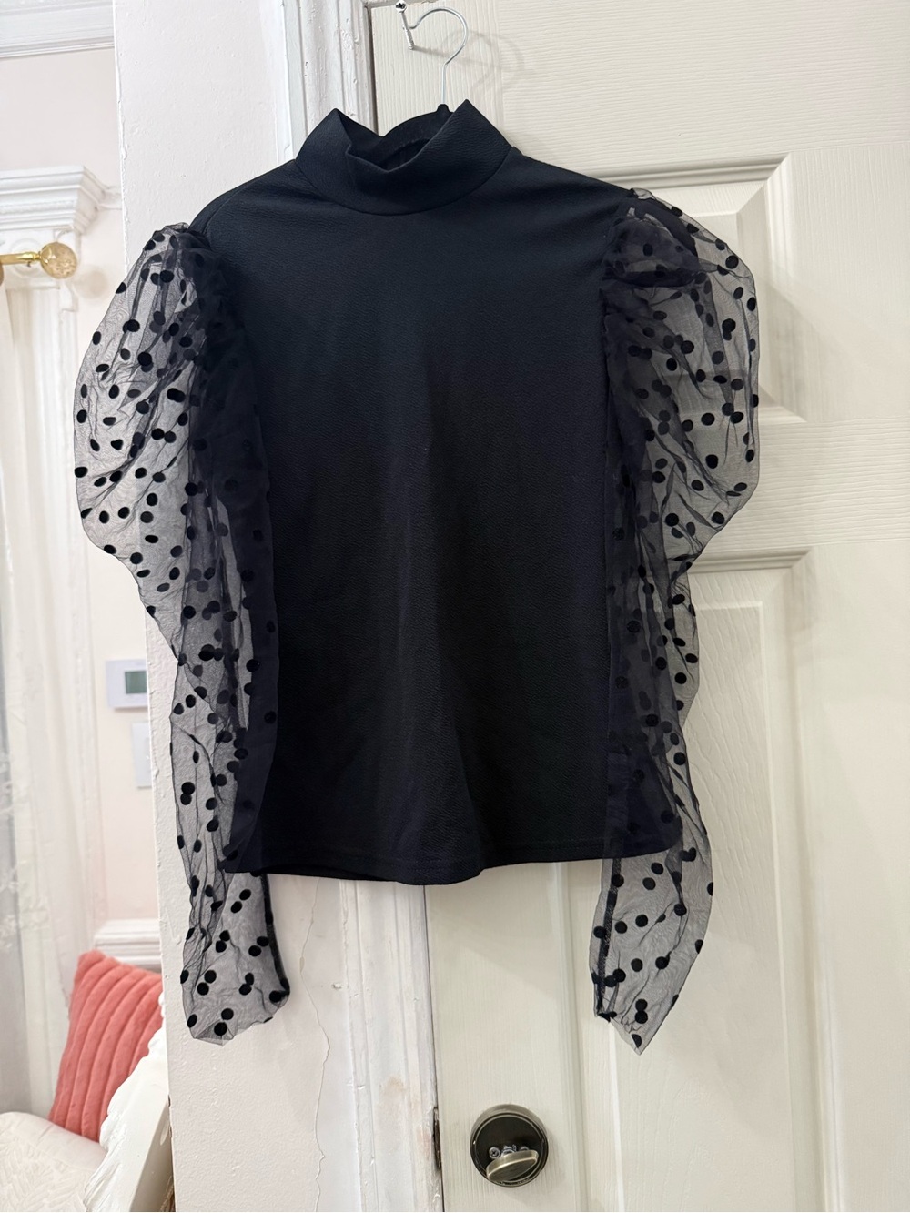 SHEIN Black Mock Neck Top with Polka Dot Sheer Puff Sleeves